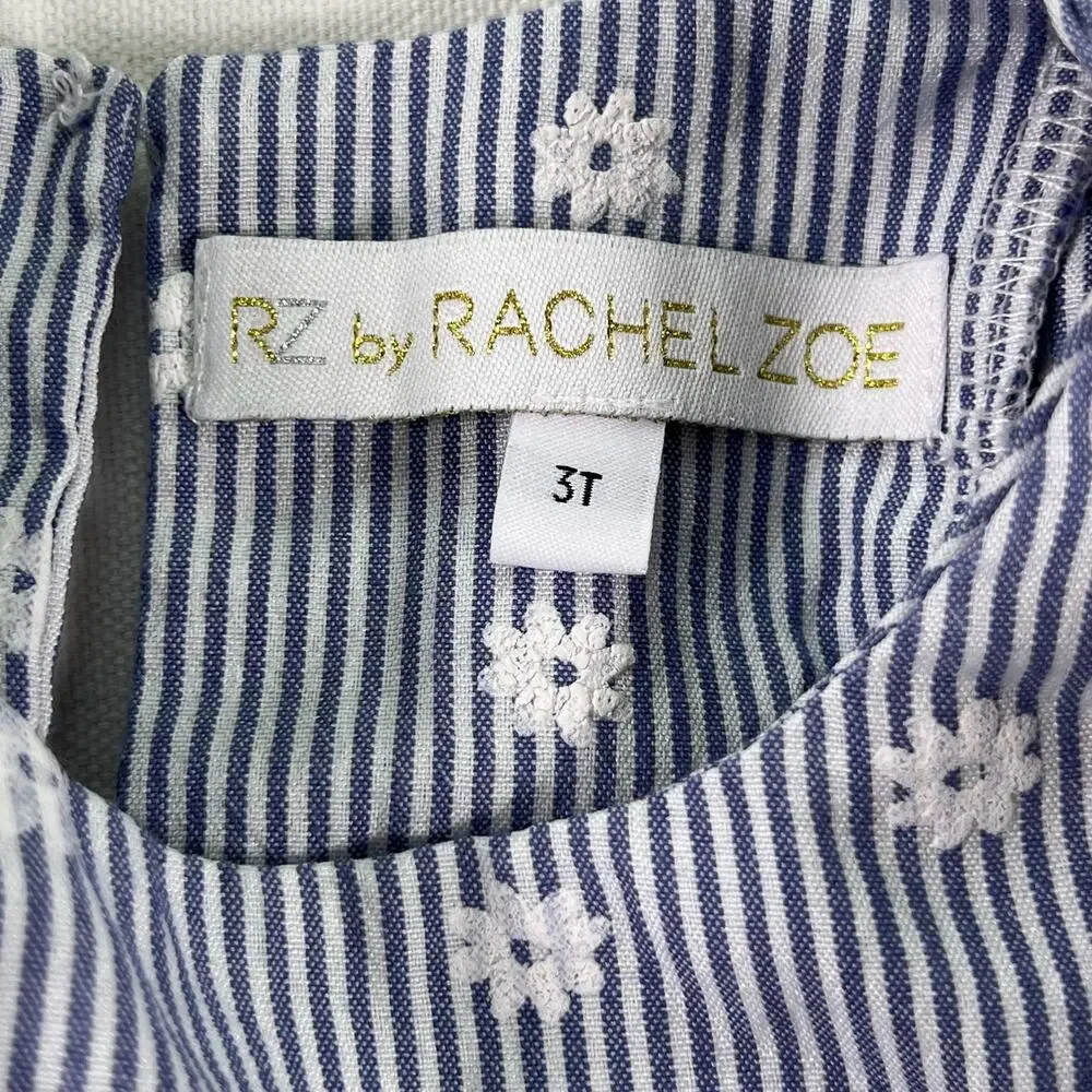 RZ Rachel Zoe Toddler Dress 3T Blue White Railroad Stripe Floral Lace Ruffle Hem